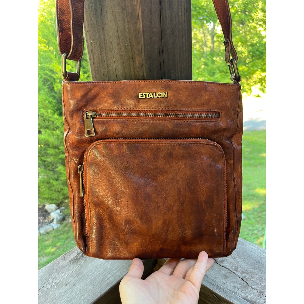 Estalon Cognac Brown Distressed Genuine Leather Crossbody Bag Multi Pocket